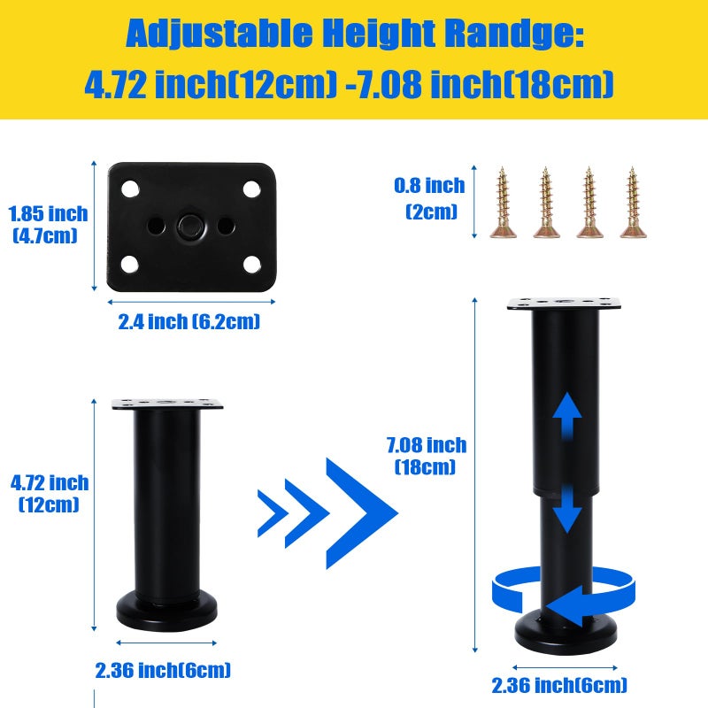 Olldag 4PCS Adjustable Furniture Couch Cabinet Legs 4.72-7.48 Inch [with 18 PCS Screws]  Heavy Duty Adjustable Height Replacement Legs for Dresser/Sofa/Bed/Chair  Legs for Furniture Set of 4 (Black) - Image 2